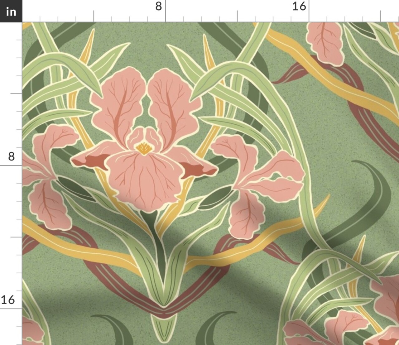 Green Floral Victorian Garden Art Nouveau Large Scale Iris Botanical Arts And Crafts Edwardian Boho Granny Chic Maximalist Custom Printed Fabric by Spoonflower Various Fabrics by the Yard or Fat Quarter